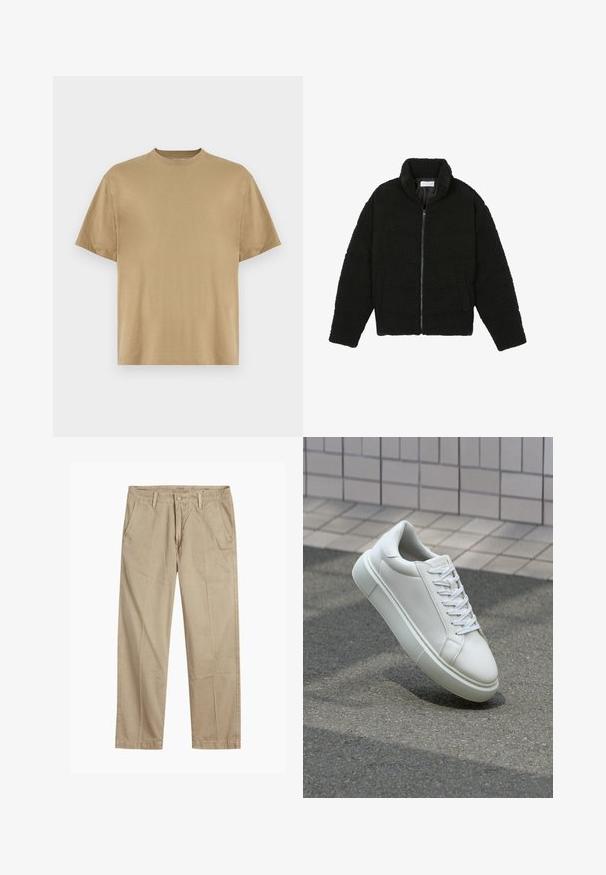 Casaco de pelo sintético preto com gola alta, fecho de zip, punhos elásticos e um design acolchoado. Apresenta bolsos laterais e uma textura suave.; Camiseta de mangas curtas em caqui, feita de tecido suave, com decote redondo e um corte descontraído. Sem padrões ou gráficos visíveis.; Chinos bege de perna reta com passantes para cinto, fecho frontal com botão e fecho de correr, e bolsos frontais inclinados.; Tênis de couro branco com superfície lisa, bico redondo e cadarços brancos planos. Apresenta uma sola de borracha texturizada e elementos de design minimalistas.