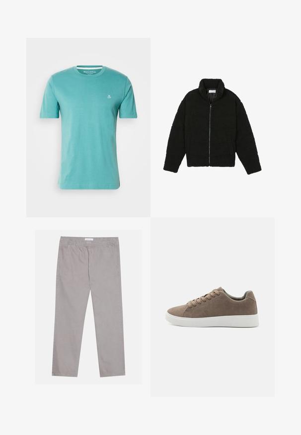 Svart fuskepelsjakke med høy krage, glidelås, elastiske mansjetter og quiltet design. Har sidelommer og en myk tekstur.; Turkisblå t-skjorte med kortermet, laget av bomull, med rund hals og en liten hvit "M OP" logo på brystet. Glatt tekstur.; Lys grå bomullsbukser med elastisk midje, to sidelommer, rett ben-design og en jevn tekstur. Enkle sømdetaljer.; Brune semskede sneakers med flate hvite gummisåler, snøring, rund tå og en jevn tekstur. Minimalistisk stil med subtile sømdetaljer.