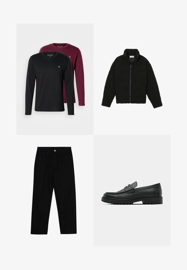 Schwarze Kunstpelzjacke mit hohem Kragen, Reißverschluss, elastischen Bündchen und gestepptem Design. Verfügt über seitliche Taschen und eine weiche Textur.; Zwei Langarm-T-Shirts: eines schwarz, das andere bordeauxrot. Beide verfügen über einen Rundhalsausschnitt, ein weiches Baumwollmaterial und ein kleines gesticktes Logo auf der Brust.; Schwarze Jeans mit geradem Schnitt, Fünf-Taschen-Design und einem vorderen Knopfverschluss. Glatte Textur mit minimalen Nähten.; Schwarze Lederloafer mit runder Zehenform, ausgestattet mit einem gesteppten Design, niedrigem Plattformsohle und einer strukturierten, genoppten Gummisohle.