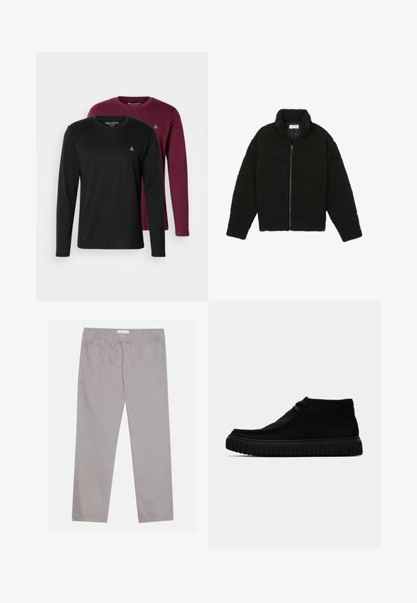 Fekete műszőrme dzseki magas gallérral, cipzáros záródással, rugalmas mandzsettákkal és steppelt mintázattal. Oldalsó zsebekkel rendelkezik, és puha tapintású.; Két hosszúujjú póló: az egyik fekete, a másik bordó. Mindkettő kerek nyakú, puha pamut anyagból készült, és kis hímzett logó található a mellkasán.; Világosszürke pamut nadrág, elasztikus derékrésszel, két oldalsó zsebbel, egyenes szárú kialakítással és sima textúrával. Egyszerű varrási részlet.; Fekete bokacsizmák puha anyagból, kerek orral, minimális fűzéssel és texturált gumitalppal, amely függőleges barázdákkal rendelkezik.