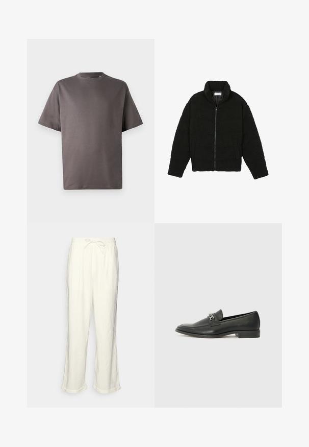 Casaco de pelo sintético preto com gola alta, fecho de zip, punhos elásticos e um design acolchoado. Apresenta bolsos laterais e uma textura suave.; T-shirt de manga curta cinza escuro com decote redondo, feito de tecido macio, apresentando um corte descontraído e sem padrões ou detalhes visíveis.; Calças de linho em off-white com um cós elástico, pernas ligeiramente largas e acabamentos dobrados para um ajuste descontraído. Sem bolsos.; Sapatilha de couro preta com um acabamento suave, apresentando um design cosido e um detalhe decorativo de corrente de metal atravessando o peito do pé. Salto baixo.