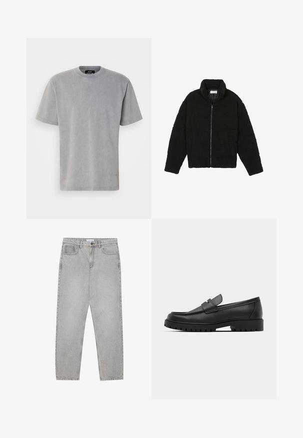 Juoda dirbtinė kailio striukė su aukštu apykakle, užtrauktuku, elastingomis rankovėmis ir siuvinėtu raštu. Su šoninėmis kišenėmis ir švelnia tekstūra.; Pilkos medvilnės marškinėliai su apvaliu kaklu ir trumpomis rankovėmis. Turi švelnų, tekstūruotą paviršių ir subtilų logotipą apatinėje pusėje.; Šviesiai pilki džinsai su tiesiu kirpimu, penkiais kišenėmis ir mygtuko uždarymu. Matoma siuvimo linija palei siūles.; Juodi odiniai loaferiai su apvalia nosimi, su siuvinėtu dizainu, žemu platformos padu ir tekstūruotu, sukibimo raštu padu.