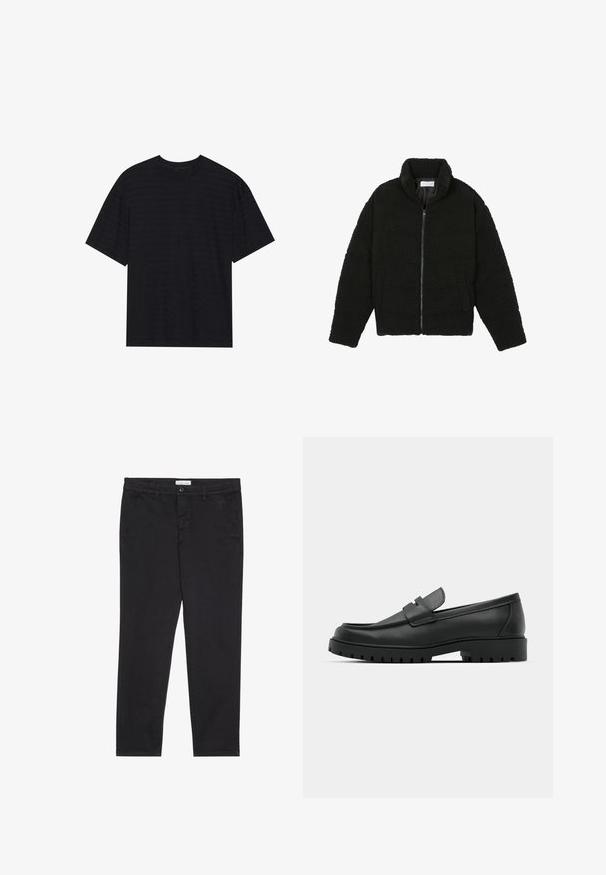 Sort faux fur jakke med høj krave, lynlås lukning, elastiske ærmer og et quiltet design. Har sidelommer og en blød tekstur.; Sort kortærmet t-shirt med en subtil stribet tekstur, afslappet pasform og rund halsudskæring. Blødt materiale uden synlige logoer.; Sorte bomuldsbukser med slim fit, der har to sidelommer og en knappelukning foran. Tekstureret stof med subtil detaljer.; Sorte læder loafers med rund tå, der har et syet design, lav platformssål og en struktureret, skridsikker gummisål.