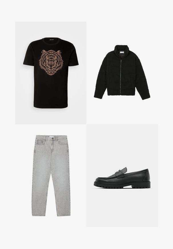 Black faux fur jacket with a high collar, zip closure, elastic cuffs, and a quilted design. Features side pockets and a soft texture.; Black cotton t-shirt featuring a detailed orange tiger head graphic with fine line patterns. Classic crew neck and short sleeves.; Light grey denim pants with a straight-leg design, five-pocket styling, and a button closure. Visible stitching along the seams.; Black leather loafers with a rounded toe, featuring a stitched design, low platform sole, and a textured, lugged rubber outsole.