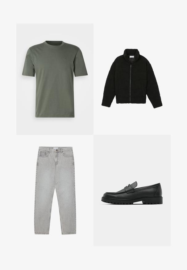 Schwarze Kunstpelzjacke mit hohem Kragen, Reißverschluss, elastischen Bündchen und gestepptem Design. Verfügt über seitliche Taschen und eine weiche Textur.; Olivegrünes T-Shirt mit kurzen Ärmeln aus weichem Material, mit Rundhalsausschnitt und dezentem, gesticktem Logo auf der linken Brust.; Helle graue Jeanshose mit gerade geschnittenem Design, Fünf-Taschen-Stil und Knopfverschluss. Sichtbare Nähte entlang der Seitennähte.; Schwarze Lederloafer mit runder Zehenform, ausgestattet mit einem gesteppten Design, niedrigem Plattformsohle und einer strukturierten, genoppten Gummisohle.