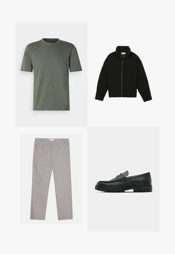 Zwarte faux fur jas met een hoge kraag, ritssluiting, elastische manchetten en een doorgestikt ontwerp. Beschikt over zijzakken en een zachte textuur.; Olijfgroene t-shirt met korte mouwen van zachte stof, voorzien van een ronde hals en een subtiele geborduurde logo op de linkerborst.; Lichtgrijze katoenen broek met een elastische tailleband, twee zijzakken, een recht poten ontwerp en een zachte textuur. Eenvoudige stiksel.details.; Zwarte leren instappers met een ronde neus, voorzien van een gestikt ontwerp, een lage platformzool en een gestructureerde, grof rubberen buitenzool.