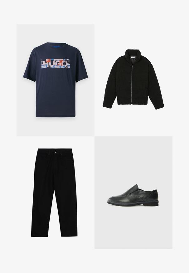 Svart faux fur-jacka med hög krage, dragkedjestängning, elastiska manschetter och ett kviltat mönster. Har sidofickor och en mjuk textur.; Mörkblå bomull t-shirt med korta ärmar som har en flerfärgad "HUGO" grafisk design på framsidan i olika former och mönster.; Svarta denimbyxor med rak passform, femficksdesign och framknäppning. Slät textur med minimala sömdetaljer.; Svart lädersko i slip-on-modell med en slät ovandel, sömnadsdetaljer, rund tå och låg gummihäl. Sulan har minimal mönstring.