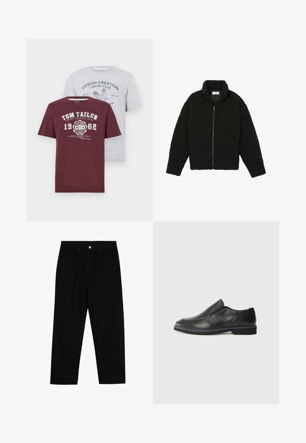 Svart fuskepelsjakke med høy krage, glidelås, elastiske mansjetter og quiltet design. Har sidelommer og en myk tekstur.; To t-skjorter: en maroon med hvit trykk, med "TOM TAILOR" logo; en lys grå med blå grafisk tekst og fugledesign. Korte ermer, bomullsblanding.; Sorte denimbukser med rett benklipp, fem-lomme design og frontknappåpning. Jevn tekstur med minimale sømdetaljer.; Sorte skinn slip-on sko med en jevn overflate, stikking detaljer, rund tå og en lav gummihæl. Sålen har minimal mønstring.