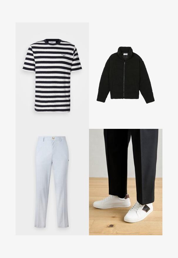 Črna jakna iz umetnega krzna z visokim ovratnikom, z zadrgo, elastičnimi manšetami in kviltanim dizajnom. Ima stranske žepke in mehak tekstur.; Navy in bele majica s kratkimi rokavi in okroglim ovratnikom, s tankimi belimi črtami ter majhnim vezenim logotipom na prsih.; Svetlo modri hlače iz tkanine z obrobo, z klasičnim krojem, ravnimi nogavicami, sprednjimi žepi in gumbom za zapiranje. Subtilen vzorčni detajl.; Beli športni copati z gladko teksturo, okrašeni z rjavimi usnjenimi detajli in črnimi poudarki, v kombinaciji s črnimi krojenimi hlačami. Ozadje iz lesenih tal.