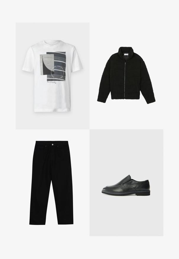 Schwarze Kunstpelzjacke mit hohem Kragen, Reißverschluss, elastischen Bündchen und gestepptem Design. Verfügt über seitliche Taschen und eine weiche Textur.; Weißes Baumwoll-T-Shirt mit einem geometrischen Grafikdesign in Dunkelgrau und Schwarz, mit Linien und Texturen, sowie dem Markenlogo am unteren Rand.; Schwarze Jeans mit geradem Schnitt, Fünf-Taschen-Design und einem vorderen Knopfverschluss. Glatte Textur mit minimalen Nähten.; Schwarze Leder-Slipper mit glattem Obermaterial, gesteppten Akzenten, runder Zehenpartie und niedrigem Gummiabsatz. Die Sohle hat ein minimales Profil.