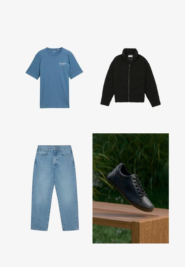 Musta tekokarvalehtijakku korkean kauluksen, vetoketjun, joustavat hihansuut ja tilkkutäkkikuvion. Sisältää sivutaskut ja pehmeän pinnan.; Sininen puuvillapaita lyhyillä hihoilla, pyöreällä kaula-aukolla ja huomaamaton painettu logo vasemmassa rinnassa. Pehmeä rakenne, rento mitoitus.; Vaaleansiniset leveälahkeiset farkut korkealla vyötäröllä, joissa on viisi taskua, vyölenkit ja pehmeä, hieman haalistunut pinta.; Musta nahkakengät, joissa on sileä pinta, pyöreä kärki ja litteät nauhat, aseteltu puupinnan ylle, taustalla vihreää ruohoa.