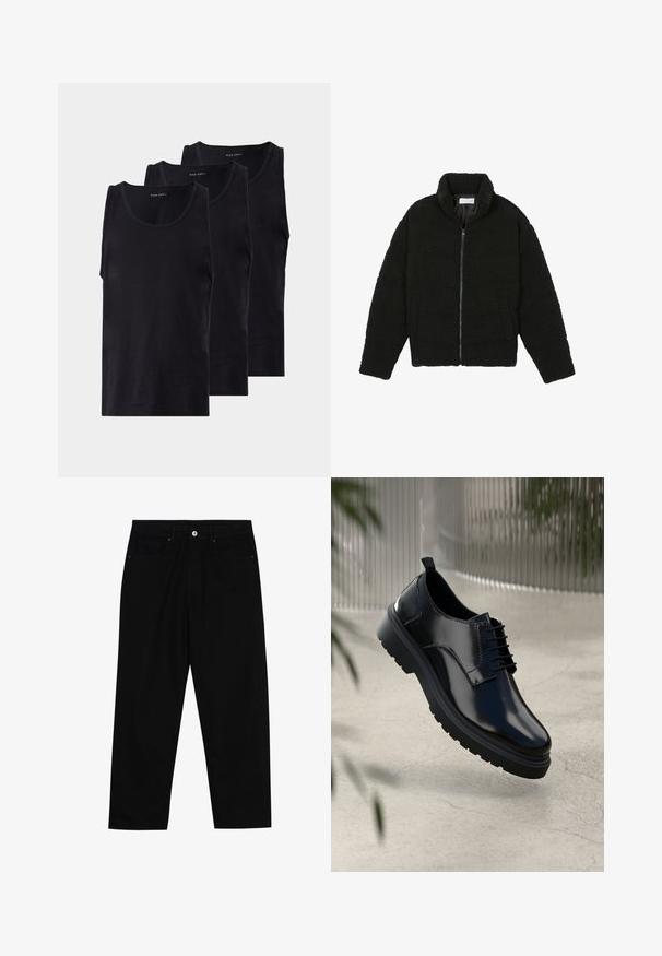 Juoda dirbtinė kailio striukė su aukštu apykakle, užtrauktuku, elastingomis rankovėmis ir siuvinėtu raštu. Su šoninėmis kišenėmis ir švelnia tekstūra.; Juodos medvilninės be rankovių marškinėliai trijose pakuotėse, su apvaliu iškirpimu ir klasikine forme. Glotni tekstūra.; Juoda džinsinė kelnė su tiesiu kirpimu, penkių kišenių dizainu ir priekiniais mygtukais. Lygus paviršius su minimaliu siuvimo detalėmis.; Juodas odinis batas su blizgiu paviršiumi, apvalia nosimi, laikantis šniurelių dizainu, kontrastingomis siūlėmis ir storu guma padu su raštuotais protektoriais.