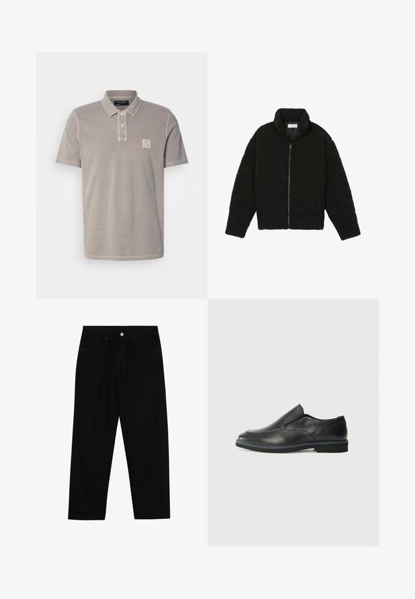 Svart fuskepelsjakke med høy krage, glidelås, elastiske mansjetter og quiltet design. Har sidelommer og en myk tekstur.; Grå bomullspolo med krage, to-knapps placket og liten brodert logo på brystet. Korte ermer og ren kant.; Sorte denimbukser med rett benklipp, fem-lomme design og frontknappåpning. Jevn tekstur med minimale sømdetaljer.; Sorte skinn slip-on sko med en jevn overflate, stikking detaljer, rund tå og en lav gummihæl. Sålen har minimal mønstring.