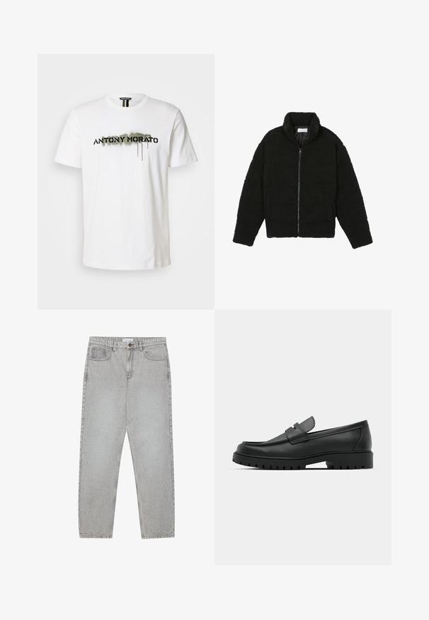 Must must karusnahast jakk kõrge kraega, lukuga sulgemine, elastsed varrukad ja tikandmuster. Omab küljetaskuid ja pehmet tekstuuri.; Valge puuvillane T-särk, millel on julge must "ANTONY MORATO" logo roheliste spray värvi aktsentidega, ümmargune kaelus ja lühikesed varrukad.; Heledad hallide denimpüksid otse säärekujundusega, viie-taskulise stiliseerimise ja nupukinnitusega. Nähtav õmblus kõrvuti.; Mustad musta nahast loafers, millel on ümar varvas, tikandiga disain, madal platvorm-soon ja tekstureeritud, soonikkummist välistald.