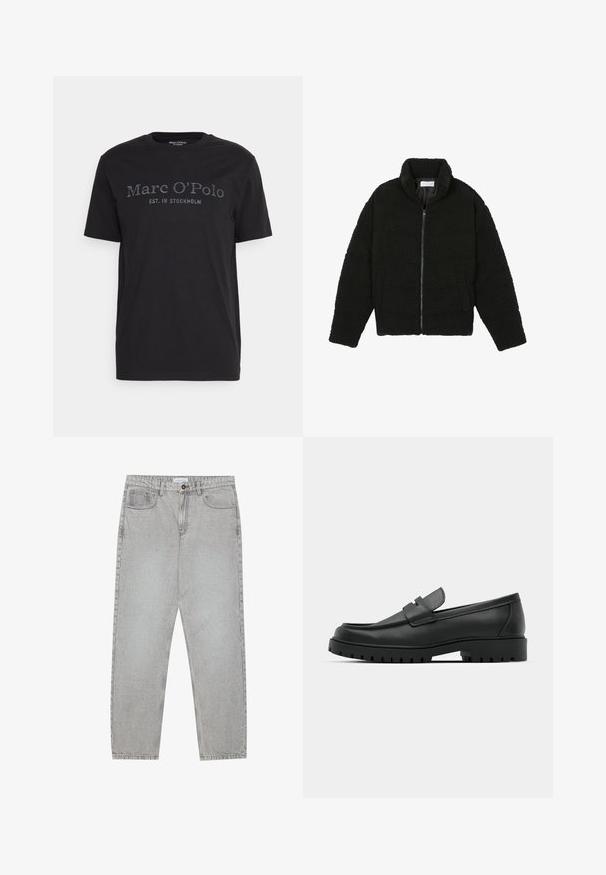 Casaco de pelo sintético preto com gola alta, fecho de zip, punhos elásticos e um design acolchoado. Apresenta bolsos laterais e uma textura suave.; T-shirt de algodão preto com decote redondo e mangas curtas. Na frente tem "Marc O'Polo" e "EST. EM ESTOCOLMO" impressos em contraste.; Calças de ganga cinza claro com um design de perna reta, estilo de cinco bolsos e fecho com botão. Costura visível ao longo das costuras.; Sapatilhas de couro preto com bico arredondado, apresentando um design cosido, sola de plataforma baixa e um solado de borracha texturizado e com cravos.