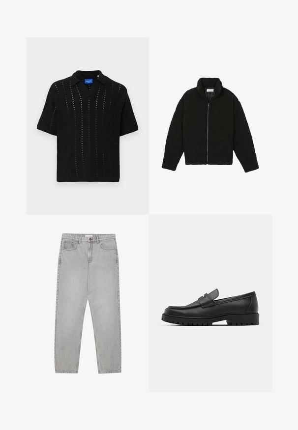 Črna jakna iz umetnega krzna z visokim ovratnikom, z zadrgo, elastičnimi manšetami in kviltanim dizajnom. Ima stranske žepke in mehak tekstur.; Črna pletena polo majica s kratkimi rokavi, ki ima V-izrez, odprt vzorec in rebraste manšete. Oznaka je vidna znotraj ovratnika.; Svetlo sivi traper hlače s ravnim krojem, pet žepov in gumbom za zapiranje. Vidno šivanje ob šivih.; Črne usnjene loafers čevlje z zaobljenim nosom, ki imajo šivano zasnovo, nizko platformo in teksturiran, profiliran gumijast podplat.