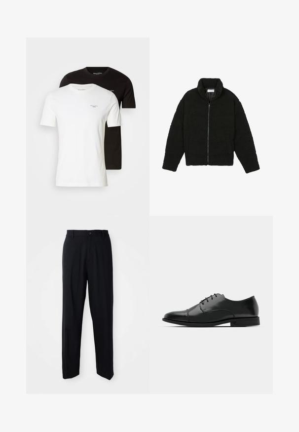 Černá umělá kožešinová bunda s vysokým límcem, zipovým uzávěrem, elastickými manžetami a prošívaným designem. Obsahuje postranní kapsy a jemnou texturu.; Dvě trička, jedno bílé a jedno černé, vyrobená z bavlny. Obě mají kulatý výstřih a krátké rukávy, s malým logem na hrudi.; Černé kalhoty rovného střihu s poutky na opasek, knoflíkovým zapínáním a elegantním, minimalistickým designem na neutrálním pozadí.; Černé kožené společenské boty s kulatou špičkou, šněrováním, jemnými švy a nízkým podpatkem. Hladký povrch s lesklým finišem.