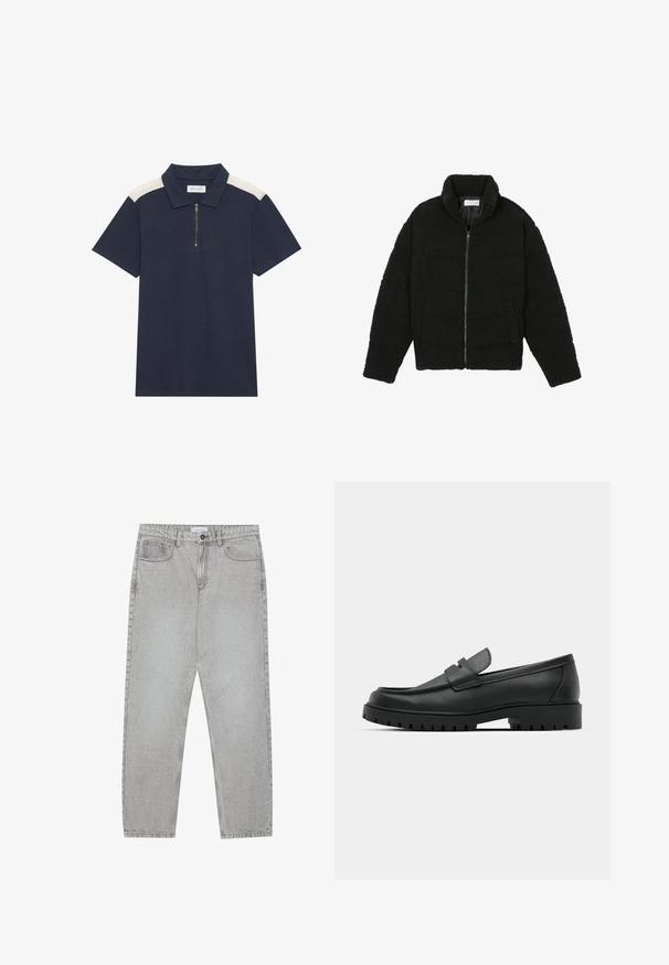 Černá umělá kožešinová bunda s vysokým límcem, zipovým uzávěrem, elastickými manžetami a prošívaným designem. Obsahuje postranní kapsy a jemnou texturu.; Tmavě modrá polokošile s krátkým rukávem a bílými ramenními panely, se čtvrtovým zipem na texturované látce.; Světlé šedé džíny s rovnými nohavicemi, pět kapsami a knoflíkovým zapínáním. Viditelné švy podél švů.; Černé kožené mokasíny s kulatou špičkou, zdobené prošitím, s nízkou platformou a texturovanou gumovou podrážkou s drážkováním.