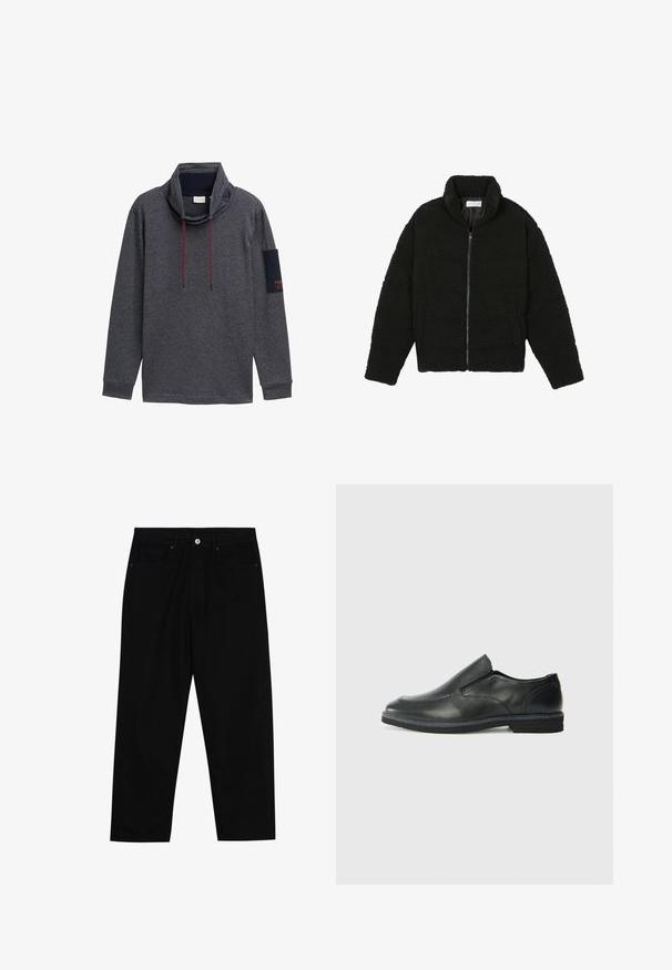 Čierna umelá kožušinová bunda s vysokým golierom, zipsom, elastickými manžetami a prešívaným dizajnom. Má bočné vrecká a jemnú textúru.; Hedvábný šedý pulovr s dlouhým rukávem a vysokým výstřihem, se stahovacími šňůrkami a námořnickou nášivkou na levém rukávu s červeným textem. Vyrobeno z měkké, texturované tkaniny.; Čierne denimmové nohavice s rovný strihom, dizajnom s piatimi vreckami a upínaním na prednej strane. Hladká textúra s minimálnymi detailmi šitia.; Čierny kožený nazúvací topánka s hladkým zvrškom, prešitými akcentmi, zaoblenou špičkou a nízkym gumovým podpätkom. Podošva má minimálny dezén.