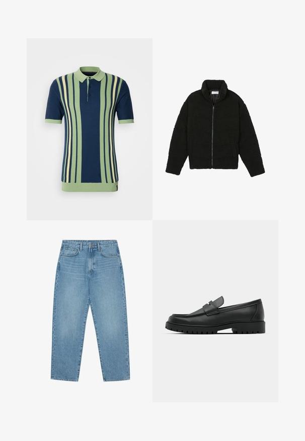 Sort faux fur jakke med høj krave, lynlås lukning, elastiske ærmer og et quiltet design. Har sidelommer og en blød tekstur.; Kortærmet polo shirt med vandret striber i marineblå, lys grøn og creme. Ribbet krave og manchetter; tre knaplukninger.; Lys blå denim wide-leg jeans med høj talje, der har fem lommer, bæltestropper og en blød, let falmet tekstur.; Sorte læder loafers med rund tå, der har et syet design, lav platformssål og en struktureret, skridsikker gummisål.