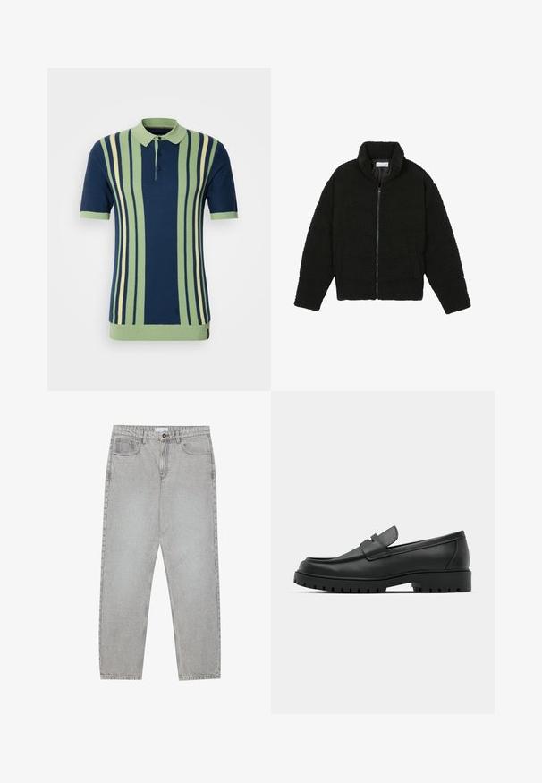 Svart fuskepelsjakke med høy krage, glidelås, elastiske mansjetter og quiltet design. Har sidelommer og en myk tekstur.; Kortermet polo skjorte med horisontale striper i marineblå, lys grønn og kremfarge. Ribbet krage og mansjetter; tre knappelukking.; Lys grå denimbukser med rett ben-design, fem lommer og knappelukking. Synlig søm langs sømmene.; Sorte lærloafere med rund tå, med en syddesign, lav plattformsåle og en teksturert, ruggede gummisåle.