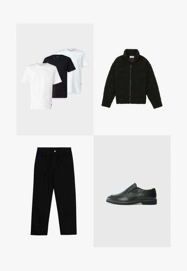 Black faux fur jacket with a high collar, zip closure, elastic cuffs, and a quilted design. Features side pockets and a soft texture.; Three T-shirts in white, black, and white, featuring short sleeves, a crew neck design, and made from soft, breathable cotton fabric.; Black denim pants featuring a straight-leg cut, five-pocket design, and a front button closure. Smooth texture with minimal stitching details.; Black leather slip-on shoe with a smooth upper, stitched accents, rounded toe, and a low rubber heel. Sole features minimal tread.