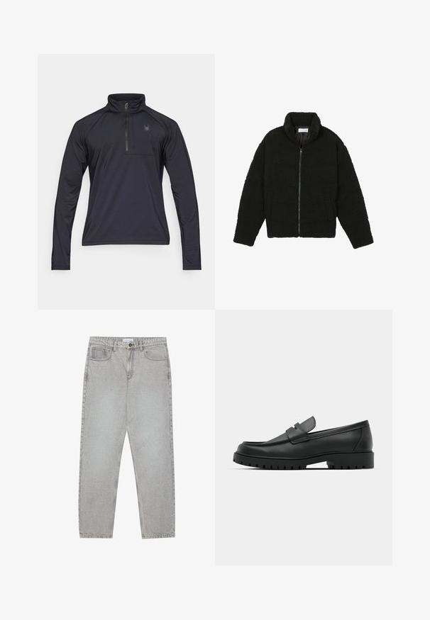 Schwarze Kunstpelzjacke mit hohem Kragen, Reißverschluss, elastischen Bündchen und gestepptem Design. Verfügt über seitliche Taschen und eine weiche Textur.; Schwarzer Langarmpullover mit Viertel-Reißverschluss aus leichtem, strukturiertem Stoff. Verfügt über eine kleine Brusttasche und ein gesticktes Logo.; Helle graue Jeanshose mit gerade geschnittenem Design, Fünf-Taschen-Stil und Knopfverschluss. Sichtbare Nähte entlang der Seitennähte.; Schwarze Lederloafer mit runder Zehenform, ausgestattet mit einem gesteppten Design, niedrigem Plattformsohle und einer strukturierten, genoppten Gummisohle.