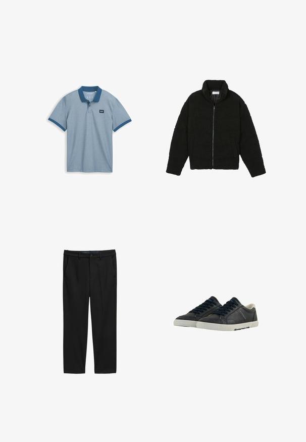 Fekete műszőrme dzseki magas gallérral, cipzáros záródással, rugalmas mandzsettákkal és steppelt mintázattal. Oldalsó zsebekkel rendelkezik, és puha tapintású.; Világoskék pólóing, egyszínű sötétkék gallérral, rövid ujjú, és egy kis textil címke a mellkason, textúrált pamut anyagból készült.; Fekete, egyenes szárú nadrág, texturált anyagból készült. Két elülső zsebbel és gombos derékzárral rendelkezik.; Kék bőr sportcipők fehér gumitalppal, kerek orral és fekete fűzőkkel. Finom textúrák és márkajelzés az oldalakon. Háromcas dizájn.