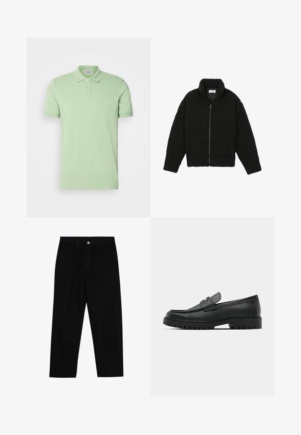 Černá umělá kožešinová bunda s vysokým límcem, zipovým uzávěrem, elastickými manžetami a prošívaným designem. Obsahuje postranní kapsy a jemnou texturu.; Polo tričko světle zelené barvy z bavlny, krátké rukávy, žebrovaný límec, tříknoflíková léga, malé logo na levé hrudi, hladká textura.; Černé džíny s rovně střiženými nohavicemi, designem pěti kapes a předním zapínáním na knoflík. Hladký povrch s minimem švových detailů.; Černé kožené mokasíny s kulatou špičkou, zdobené prošitím, s nízkou platformou a texturovanou gumovou podrážkou s drážkováním.
