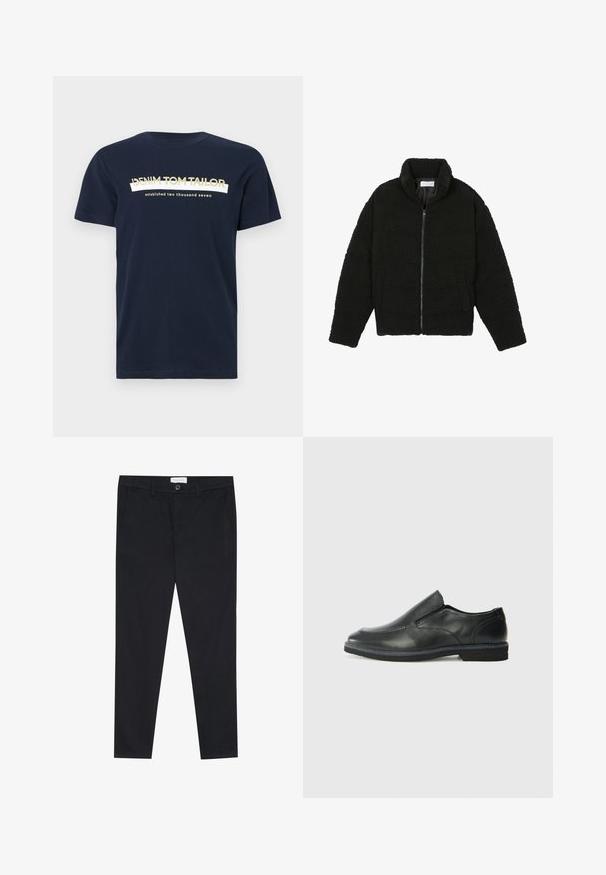 Casaco de pelo sintético preto com gola alta, fecho de zip, punhos elásticos e um design acolchoado. Apresenta bolsos laterais e uma textura suave.; T-shirt de algodão azul-marinho com mangas curtas e decote redondo. Apresenta texto branco e dourado: "DENIM TOM TAILOR" e "fundado em dois mil e sete."; Calças pretas com um design de perna reta, feitas de tecido de algodão. Apresenta dois bolsos frontais e um fecho com botão na cintura.; Sapato slip-on preto em pele com um upper liso, acabamentos cosidos, bico arredondado e um salto de borracha baixo. A sola apresenta um padrão de aderência mínimo.