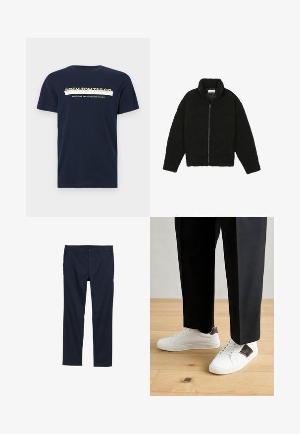 Musta tekokarvalehtijakku korkean kauluksen, vetoketjun, joustavat hihansuut ja tilkkutäkkikuvion. Sisältää sivutaskut ja pehmeän pinnan.; Tummansininen puuvillapaita lyhyillä hihoilla ja pyöreällä kaula-aukolla. Paidassa on valkoista ja kultaa teksti: "DENIM TOM TAILOR" ja "perustettu kaksituhatt seitsemän."; Navy siniset kevyet housut, joissa on sileä pinta, suorat lahkeet, napillinen suljenta ja sivutaskut.; Valkoiset tennarit, joissa on sileä pinta, ruskealla nahka-akentilla ja mustilla yksityiskohdilla, yhdistetty mustiin räätälöityihin housuihin. Taustalla puulattia.