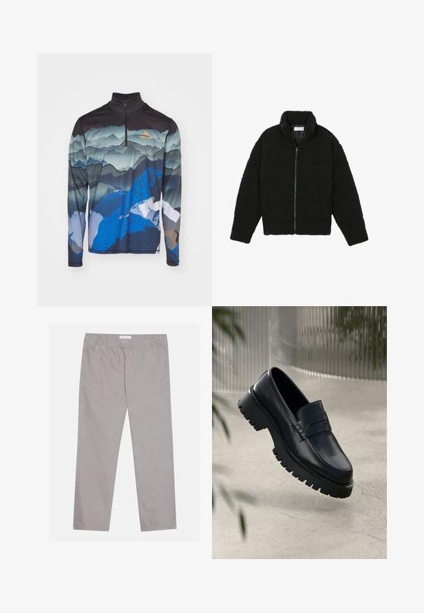 Melnā mākslīgā kažokādas jaka ar augstu apkakli, ar rāvējslēdzēju, elastīgām piedurknēm un kvadrātveida šuvēm. Iespējotas sānu kabatas un mīksta tekstūra.; Bogner Fire + Ice PASCAL - Tops ar garām piedurknēm - multicolor; Gaiši pelēkas kokvilnas bikses ar elastīgu jostu, divām sānu kabatām, taisnu kāju dizainu un gludu tekstūru. Vienkārša šuvēšana.; Melni ādas loafers ar masīvu protektora zoli, ar dekoratīvu siksnu un šuvuma detaļām. Gluda tekstūra ar spīdīgu apdari.