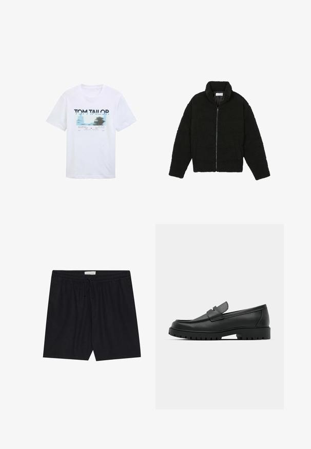 Juoda dirbtinė kailio striukė su aukštu apykakle, užtrauktuku, elastingomis rankovėmis ir siuvinėtu raštu. Su šoninėmis kišenėmis ir švelnia tekstūra.; Balta medvilninė marškinė su mėlynu ir juodu grafikos spauda bei užrašu. Trumpomis rankovėmis ir apvalia kaklo iškirptė, laisvas siluetas.; Juodi šortai su elastingu juosmeniu ir raiščiu, pasižymintys glotnia tekstūra ir tiesiu kirpimu, tinkami kasdieniam dėvėjimui.; Juodi odiniai loaferiai su apvalia nosimi, su siuvinėtu dizainu, žemu platformos padu ir tekstūruotu, sukibimo raštu padu.