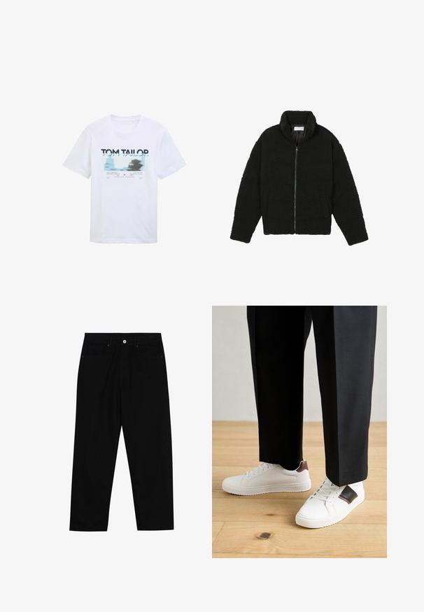 Jachetă din blană sintetică neagră, cu guler înalt, închidere cu fermoar, manșete elastice și un design matlasat. Dispune de buzunare laterale și o textură moale.; Tricou alb din bumbac, cu imprimeu grafic în nuanțe de albastru și negru, care include și text. Mâneci scurte și guler rotund, croi lejer.; Pantaloni negri din denim cu croială dreaptă, design cu cinci buzunare și închidere frontală cu nasture. Textură netedă cu detalii de cusătură minime.; Sneakers albe cu textură netedă, având accente din piele maro și detalii negre, asociate cu pantaloni negri pe măsură. Fundal din podea din lemn.