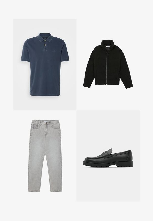Melnā mākslīgā kažokādas jaka ar augstu apkakli, ar rāvējslēdzēju, elastīgām piedurknēm un kvadrātveida šuvēm. Iespējotas sānu kabatas un mīksta tekstūra.; Tumši zils polo krekls, veidots no kokvilnas, ar klasisku apkakli, īsām piedurknēm, divu pogu aizdari un diskrētu logotipu krūšu daļā.; Gai pelēko džinsu bikses ar taisnajām kājām, piecu kabatu stilu un pogu aizdari. Redzama šuvju apstrāde gar šuvēm.; Melnas ādas loafers ar noapaļotu purngalu, ar izšūtu dizainu, zemu platformas zoli un teksturētu, rievotu gumijas ārējo zoli.