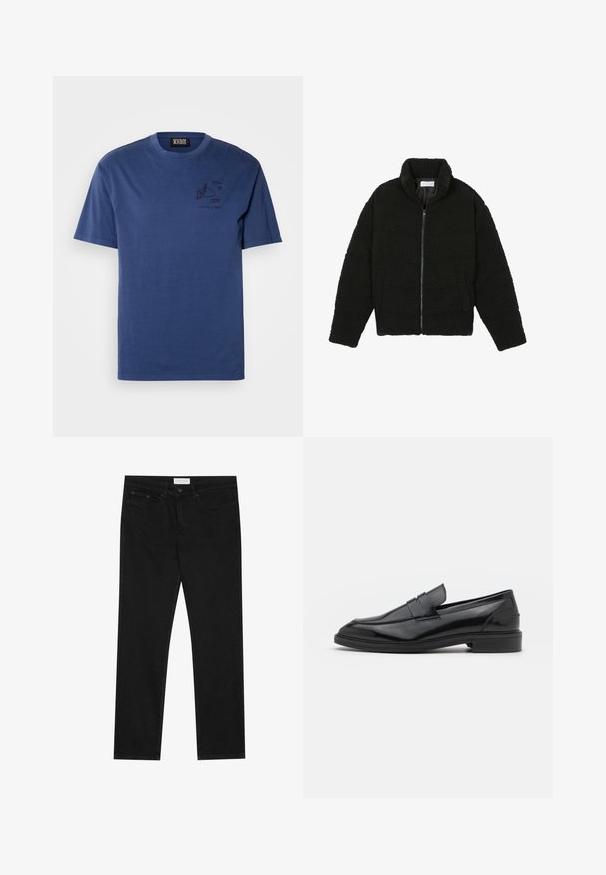 Black faux fur jacket with a high collar, zip closure, elastic cuffs, and a quilted design. Features side pockets and a soft texture.; Navy blue cotton t-shirt with a relaxed fit, featuring a graphic print on the left chest area and short sleeves. Simple crew neckline.; Black straight-leg jeans with five-pocket design, button and zip fly closure, and a Pier One brand label on the waistband.; Black leather loafers with a smooth finish, featuring a rounded toe and a narrow band across the upper. Low stacked heel.