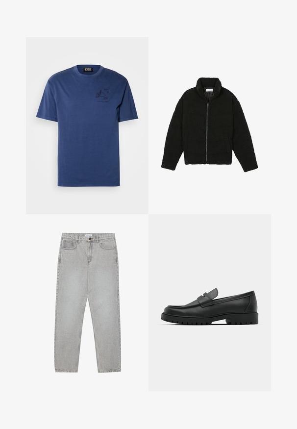 Černá umělá kožešinová bunda s vysokým límcem, zipovým uzávěrem, elastickými manžetami a prošívaným designem. Obsahuje postranní kapsy a jemnou texturu.; Námořnická modrá bavlněná tričko s volným střihem, se grafickým potiskem na levé části hrudi a krátkými rukávy. Jednoduchý kulatý výstřih.; Světlé šedé džíny s rovnými nohavicemi, pět kapsami a knoflíkovým zapínáním. Viditelné švy podél švů.; Černé kožené mokasíny s kulatou špičkou, zdobené prošitím, s nízkou platformou a texturovanou gumovou podrážkou s drážkováním.