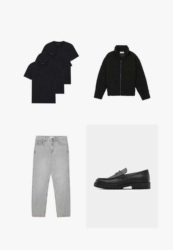 Zwarte faux fur jas met een hoge kraag, ritssluiting, elastische manchetten en een doorgestikt ontwerp. Beschikt over zijzakken en een zachte textuur.; Drie zwarte katoenen t-shirts met een ronde hals, korte mouwen en een eenvoudig ontwerp. Elk shirt heeft een zichtbaar logo nabij de halslijn.; Lichtgrijze denimbroek met een recht model, vijfzakkenstijl en een knoopsluiting. Zichtbare stiksels langs de naden.; Zwarte leren instappers met een ronde neus, voorzien van een gestikt ontwerp, een lage platformzool en een gestructureerde, grof rubberen buitenzool.