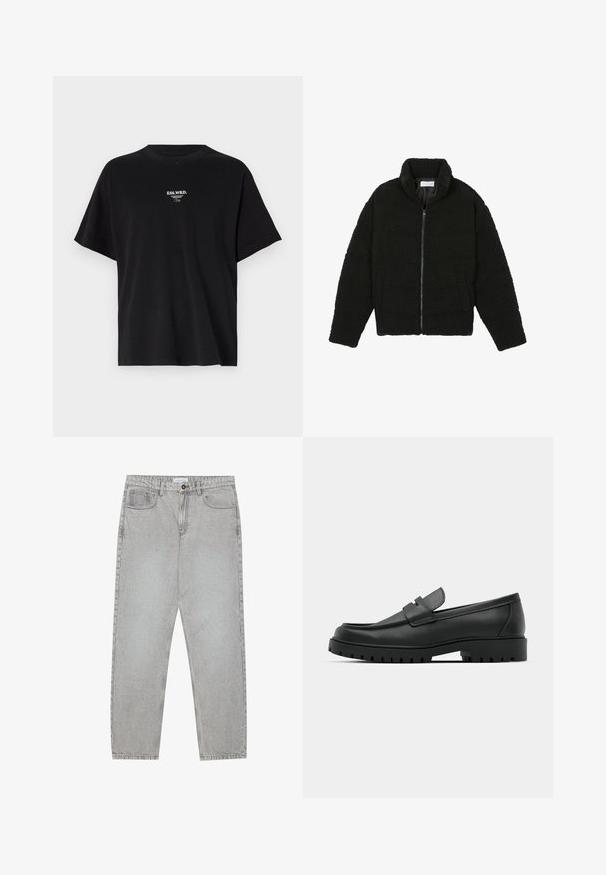 Black faux fur jacket with a high collar, zip closure, elastic cuffs, and a quilted design. Features side pockets and a soft texture.; Black cotton t-shirt with a loose fit, short sleeves, and a crew neck. Features front white text print "ESS.WRD." and simple design.; Light grey denim pants with a straight-leg design, five-pocket styling, and a button closure. Visible stitching along the seams.; Black leather loafers with a rounded toe, featuring a stitched design, low platform sole, and a textured, lugged rubber outsole.