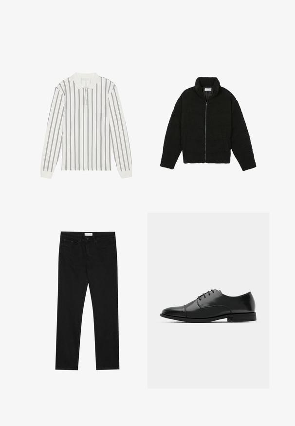 Černá umělá kožešinová bunda s vysokým límcem, zipovým uzávěrem, elastickými manžetami a prošívaným designem. Obsahuje postranní kapsy a jemnou texturu.; Bílá košile s dlouhými rukávy, námořnickými vertikálními pruhy, límečkem a předním zipem. Vyrobena z lehké látky s hladkou texturou.; Černé rovné džíny s pěti kapsami, zapínání na knoflík a zip, a štítek značky Pier One na pase.; Černé kožené společenské boty s kulatou špičkou, šněrováním, jemnými švy a nízkým podpatkem. Hladký povrch s lesklým finišem.