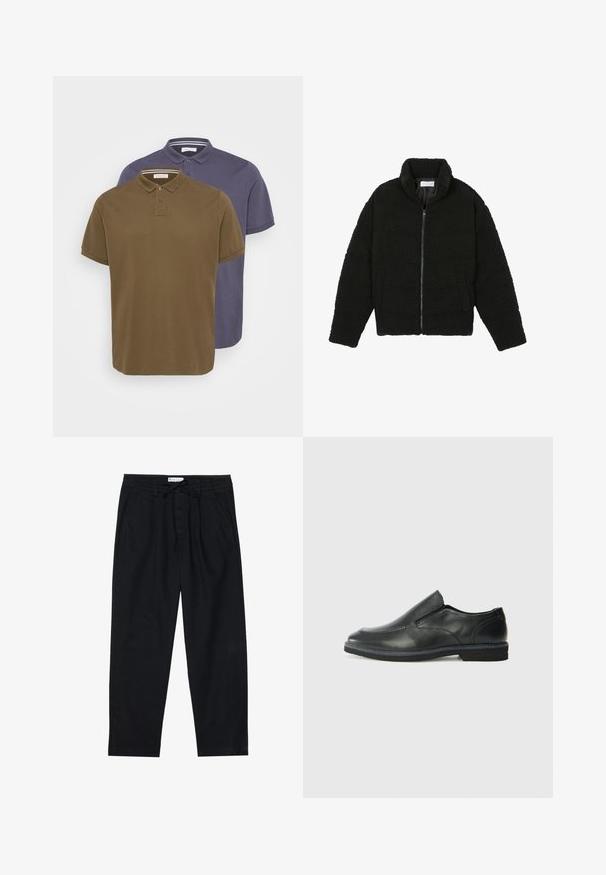 Μαύρη ψεύτικη γούνα τζάκετ με ψηλό γιακά, φερμουάρ, ελαστικούς καρπούς και σχεδίαση με κουβέρτα. Περιλαμβάνει πλαϊνές τσέπες και μαλακή υφή.; Δύο πόλο μπλούζες σε ελαιόλαδο χρώμα και ναυτικό μπλε. Κοντά μανίκια, κλασικό γιακά, τριπλή κουμπότρυπα. Λείο βαμβακερό ύφασμα.; Pier One Chinos - black; Μαύρο δερμάτινο παπούτσι χωρίς κορδόνια με λείο επάνω μέρος, ραφές, στρογγυλή μύτη και χαμηλό λάστιχο τακούνι. Η σόλα διαθέτει ελάχιστο σχέδιο.