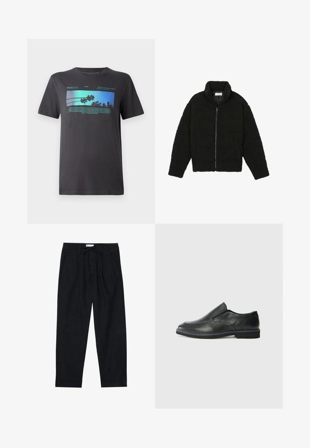 Sort faux fur jakke med høj krave, lynlås lukning, elastiske ærmer og et quiltet design. Har sidelommer og en blød tekstur.; Herres sort T-shirt lavet af blød bomuld. Har et levende blåt grafik med palmer og tekst, rund halsudskæring og korte ærmer.; Pier One Chino - black; Sorte læder slip-on sko med en glat overdel, syede detaljer, rund tå og en lav gummihæl. Sålen har minimal profil.