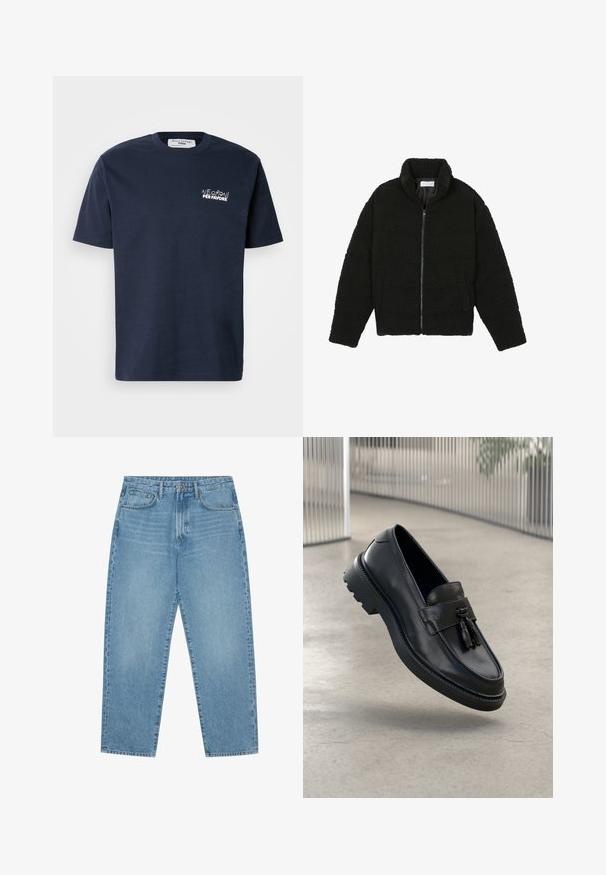 Sort faux fur jakke med høj krave, lynlås lukning, elastiske ærmer og et quiltet design. Har sidelommer og en blød tekstur.; Marineblå bomulds t-shirt med korte ærmer, rund hals, med hvid broderet tekst "Negroni per favore" på venstre brystområde.; Lys blå denim wide-leg jeans med høj talje, der har fem lommer, bæltestropper og en blød, let falmet tekstur.; Sorte læderloafer med glat finish, dekorativ kvast, tyk gummisål og syede detaljer. Let og elegant design.