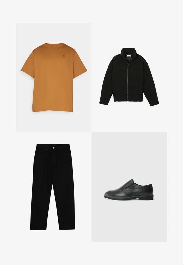 Črna jakna iz umetnega krzna z visokim ovratnikom, z zadrgo, elastičnimi manšetami in kviltanim dizajnom. Ima stranske žepke in mehak tekstur.; Levi's® Plus BIG ORIGINAL TEE - Navadna majica - dark ginger; Črne denim hlače z ravnim krojem, petimi žepi in sprednjim gumbom. Gladka tekstura z minimalnimi šivi.; Črne usnjene natikače z gladkim zgornjim delom, prišitimi detajli, zaobljenim nosom in nizkim gumijastim petkom. Podplat ima minimalen profil.