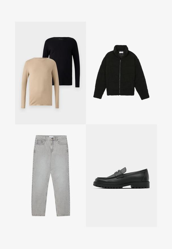 Fekete műszőrme dzseki magas gallérral, cipzáros záródással, rugalmas mandzsettákkal és steppelt mintázattal. Oldalsó zsebekkel rendelkezik, és puha tapintású.; Két hosszú ujjú póló: az egyik bézs, a másik fekete. Puha, rugalmas anyag, kerek nyakkivágással és minimalista dizájnnal.; Világosszürke farmernadrág egyenes szabással, öt zsebes stílusban, gombos záródással. Látható varrások az illesztéseknél.; Fekete bőr loafer cipők kerek orral, varrott mintázattal, alacsony platformtalpú és texturált, barázdált gumitalppal.
