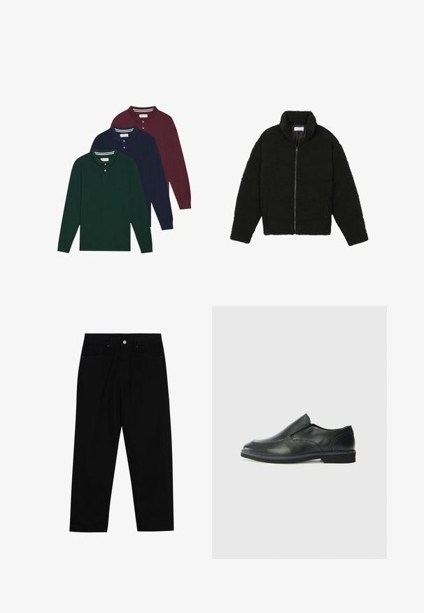 Černá umělá kožešinová bunda s vysokým límcem, zipovým uzávěrem, elastickými manžetami a prošívaným designem. Obsahuje postranní kapsy a jemnou texturu.; Tři polo trička s dlouhým rukávem v tmavě zelené, námořnické modré a burgundské barvě, s klasickými límečky a knoflíky. Měkká, strukturovaná tkanina.; Černé džíny s rovně střiženými nohavicemi, designem pěti kapes a předním zapínáním na knoflík. Hladký povrch s minimem švových detailů.; Černá kožená nazouvací bota s hladkým svrškem, prošívanými detaily, zaoblenou špičkou a nízkým gumovým podpatkem. Podešev má minimální vzorek.