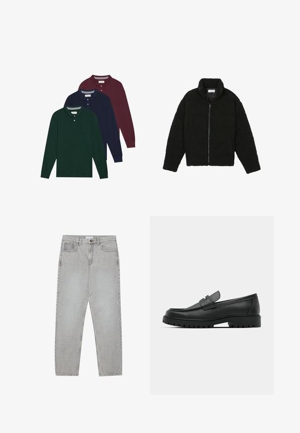 Casaco de pelo sintético preto com gola alta, fecho de zip, punhos elásticos e um design acolchoado. Apresenta bolsos laterais e uma textura suave.; Três polos de manga longa em verde escuro, azul-marinho e bordô, com colarinhos clássicos e botões. Tecido suave e texturizado.; Calças de ganga cinza claro com um design de perna reta, estilo de cinco bolsos e fecho com botão. Costura visível ao longo das costuras.; Sapatilhas de couro preto com bico arredondado, apresentando um design cosido, sola de plataforma baixa e um solado de borracha texturizado e com cravos.