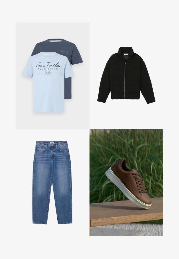 Černá umělá kožešinová bunda s vysokým límcem, zipovým uzávěrem, elastickými manžetami a prošívaným designem. Obsahuje postranní kapsy a jemnou texturu.; Dvě trička od Tom Tailor: jedno světle modré s grafickým potiskem a jedno tmavě modré. Obě mají kulatý výstřih a krátké rukávy.; Modré džíny z denimu s vysokým pasem, rovnými nohavicemi a vybledlým dokončením. Disponují pěti kapsami a zapínáním na knoflík.; Hnědé kožené tenisky s bílou gumovou podrážkou, kulatou špičkou a hnědými tkaničkami. Imitovaný grip na podrážce a hladký povrch na svršku.