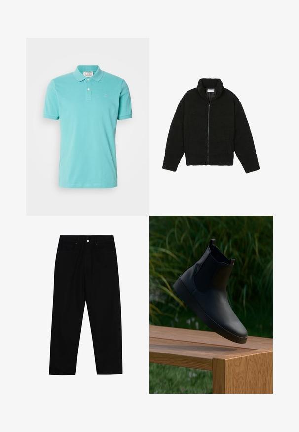 Must must karusnahast jakk kõrge kraega, lukuga sulgemine, elastsed varrukad ja tikandmuster. Omab küljetaskuid ja pehmet tekstuuri.; Türkiis poloshirt, puuvillane materjal, lühikesed varrukad, kahe nupuga nööpauk, delikaatne tikand logoga rinnal, sile tekstuur.; Mustadest denimist püksid, millel on sirge jalg, viie tasku disain ja eesnupuga sulgur. Sile tekstuur koos minimaalsete õmblustega.; Mustad musta nahast pahkluu saabaste paar, millel on elastsed külgpaneelid, sile tekstuur, ümarad varbad ja lamedad tallad, asetatud puidust laua peale rohelise taustaga.