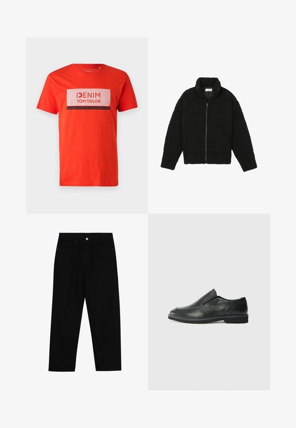 Musta tekokarvalehtijakku korkean kauluksen, vetoketjun, joustavat hihansuut ja tilkkutäkkikuvion. Sisältää sivutaskut ja pehmeän pinnan.; Punane puuvillane T-särk lühikeste varrukatega, millel on valge ristkülikukujuline graafika, kus on musta tekstiga kirjas "DENIM TOM TAILOR" ja "ASUTATUD KAKS TUHAND KÜMME".; Mustat farkut suoraan lahkeella, viisi taskua ja etunappikiinnitys. Sileä rakenne, jossa on vain vähäisiä ompelualueita.; Musta nahkainen liukujalkine, jossa on sileä pinta, ommeltuja yksityiskohtia, pyöristetty kärki ja matala kumipohja. Pohjassa on minimaalinen pito.